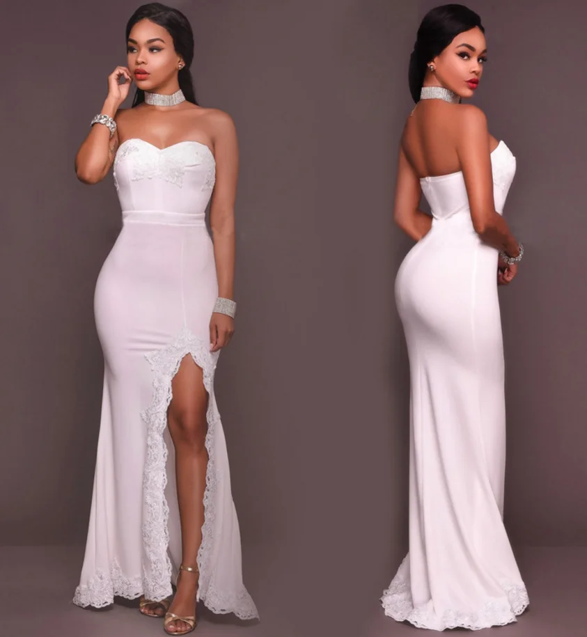 New High-end Dress High Slit Lace Prom Tube Dress Sleeveless Strapless White Front Slit Wedding Dress