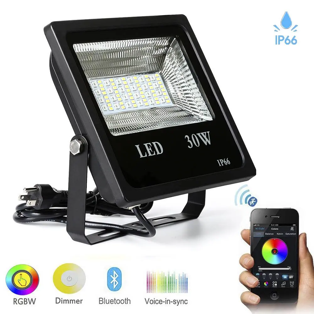 Bluetooth APP Control RGBW Multi Color Changing Waterproof Spotlight Bulb 30W Super Bright LED Flood Light for Garden  Landscape