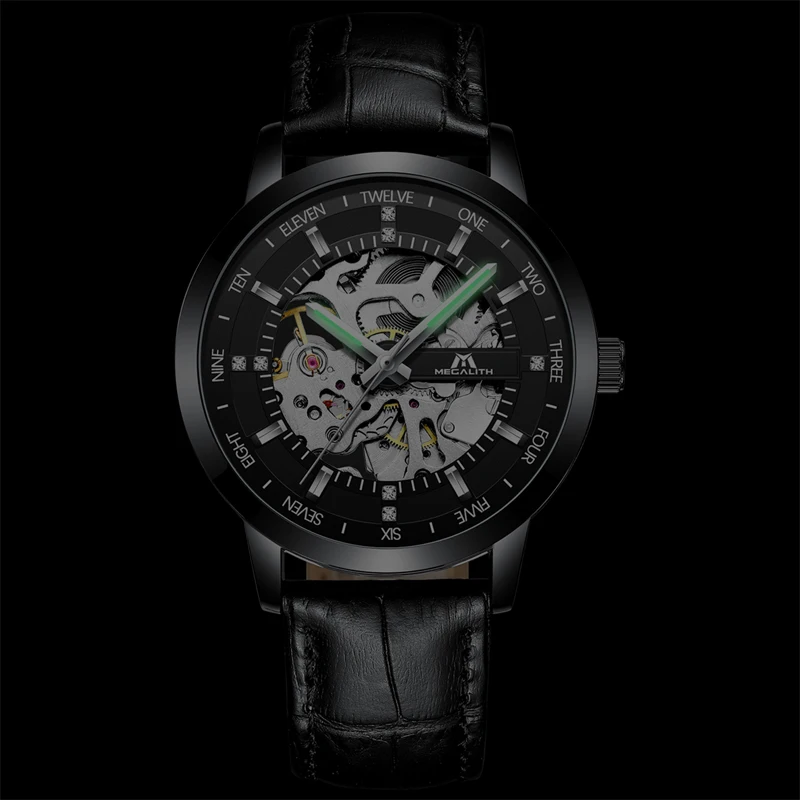 MEGALITH  mens watches black band no battery mechanical movement wristwatches montre homme water resistant silver