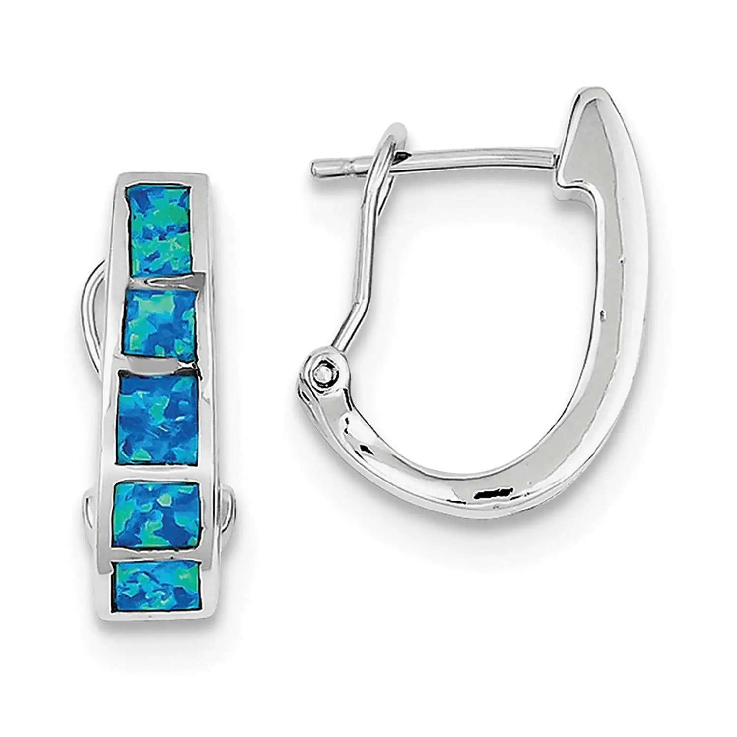 .925 Sterling Silver Blue Inlay Created-opal Squares Hoop Earrings