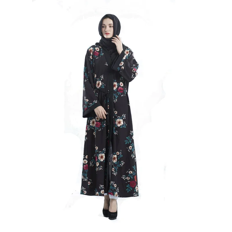 
2018 Wholesale black elengent new floral printed muslim dress umbrella abaya with belt for women manufacturer 