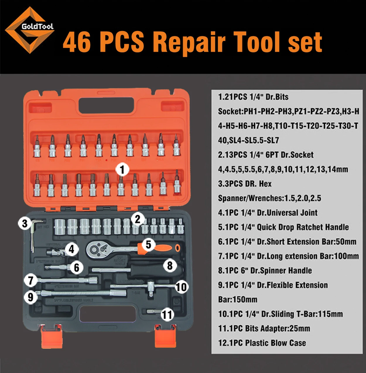 Car Repair Tools 46pcs Set Spanner Socket 1/4