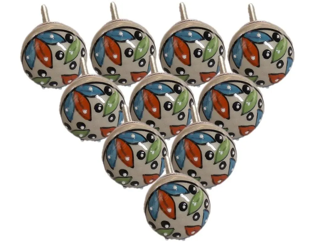 PARIJAT HANDICRAFT Set of 10 Hand Painted Black & White Dotted Ceramic Door Knobs Cupboard Wardrobe Cabinet Drawer Pulls Door Knobs