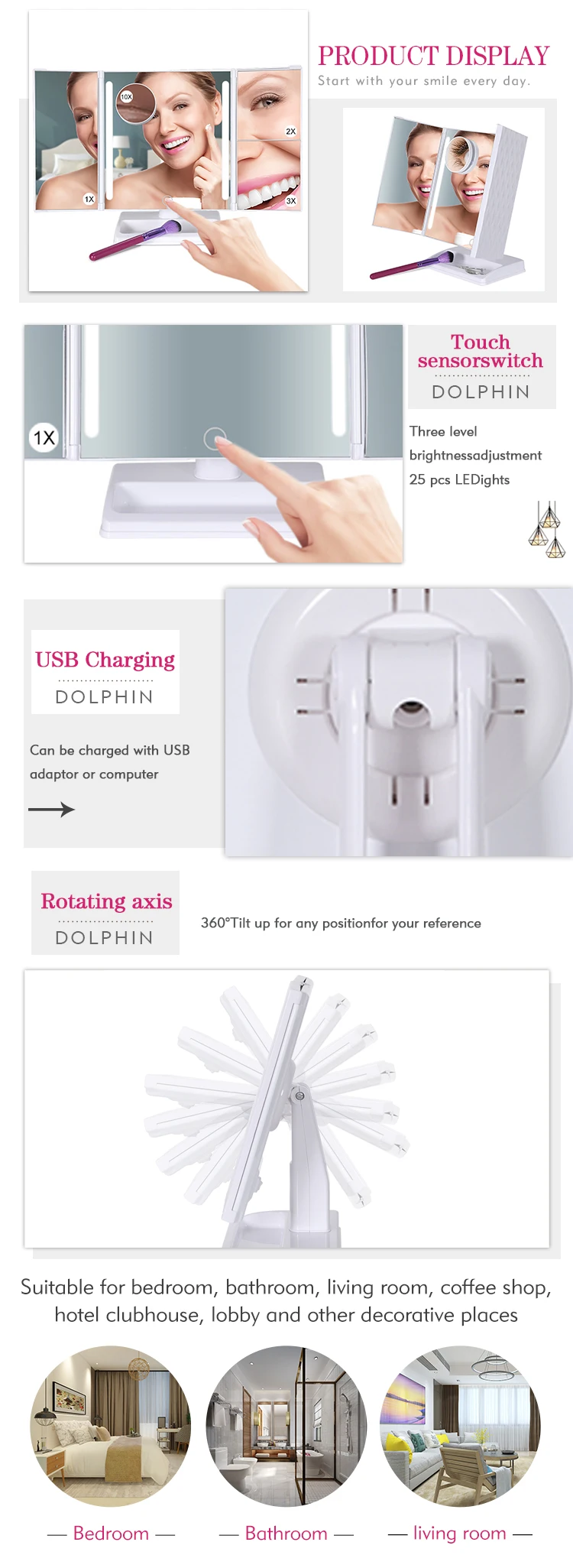 Touch Sensor Table Top Makeup Third Fold Make Up 10X Magnifying Mirror