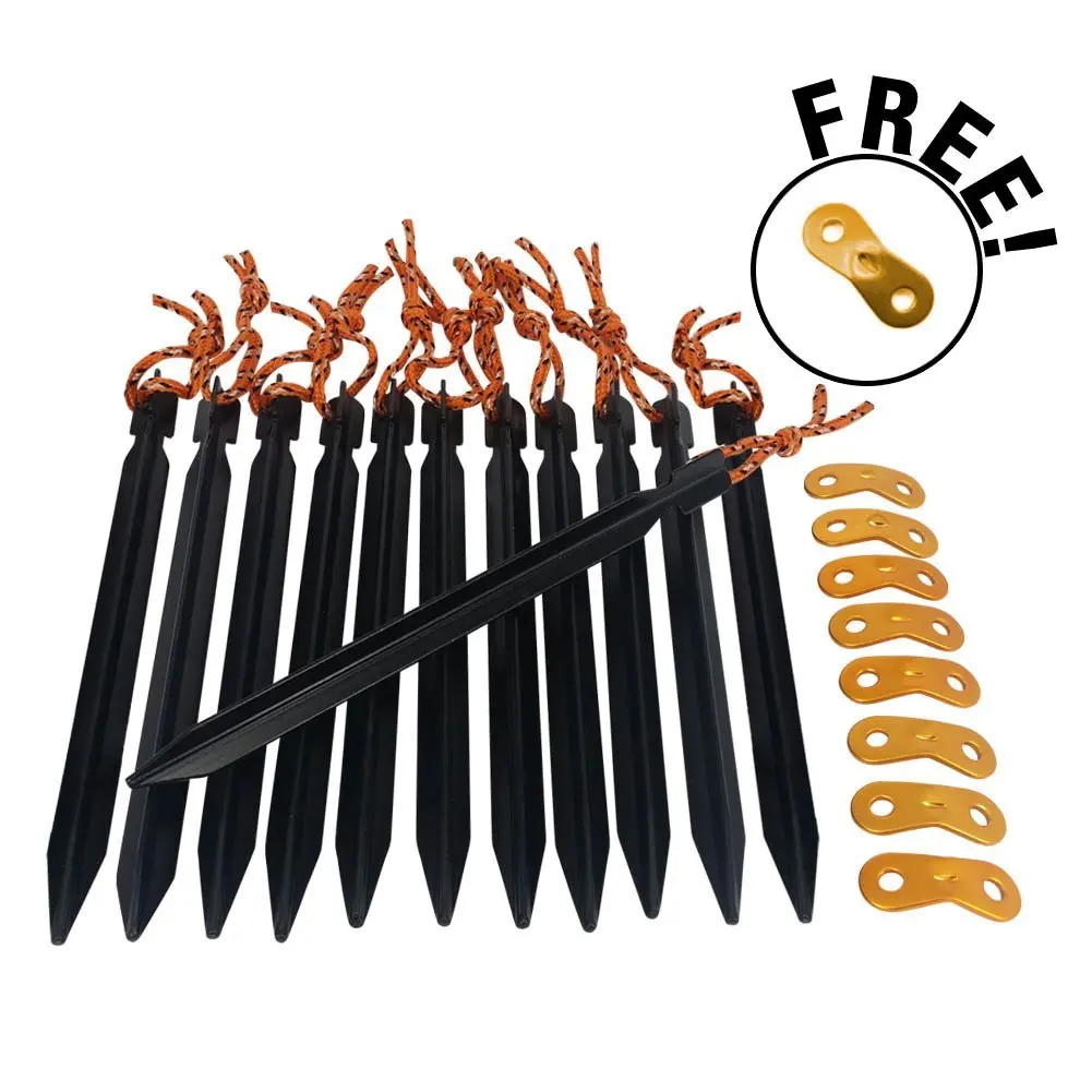 Tent Stakes | Set of 12 pcs 7" Light Tent Nails Pegs with Bright Colored Reflective Pull Cord Rope Include 8 Cord Adjuster | Ultra Lightweight Premium Anti Rust Y Shaped Stake for Outdoor Camping