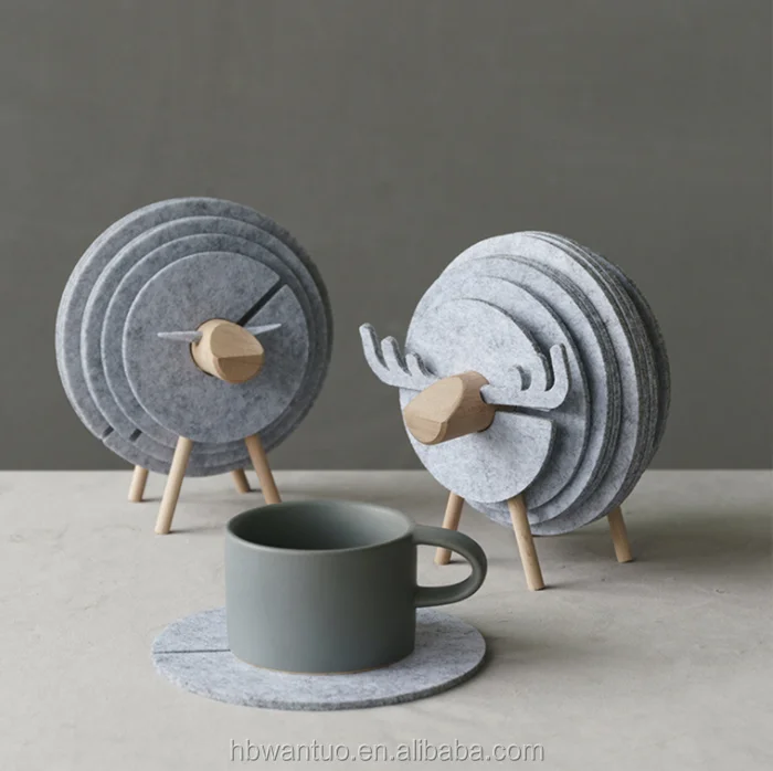 Premium Felt Sheep Coaster Pads With Wood Holder Set Felt Cup Glass
