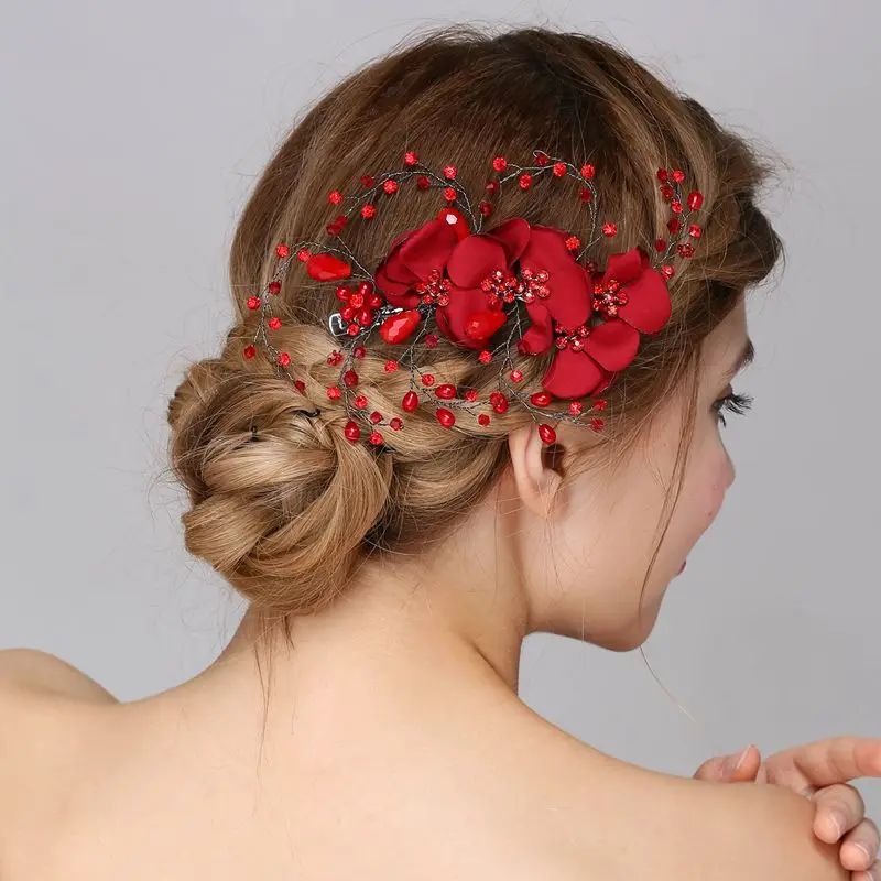 Red Crystal Wedding Bridal Hair Clip 