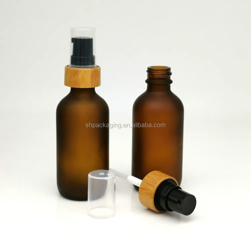 2 Oz Boston Round Frosted Amber Glass Serum Bottle 60ml Cream Pump