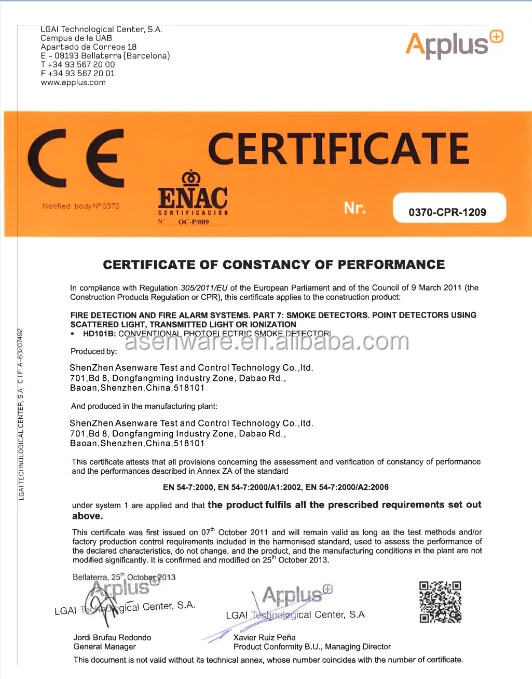 EN54 Certificate Conventional Smoke Detector