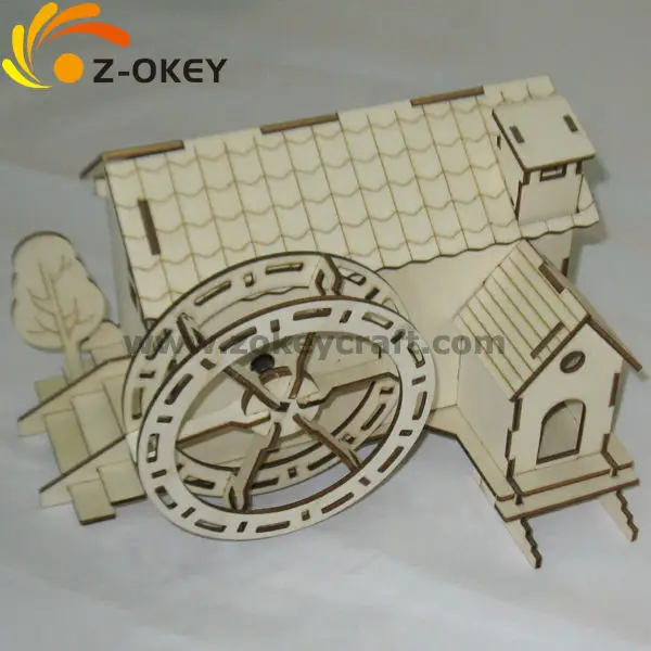 Z3D1219-1 3D plywood puzzles for assembling a small house with windmill