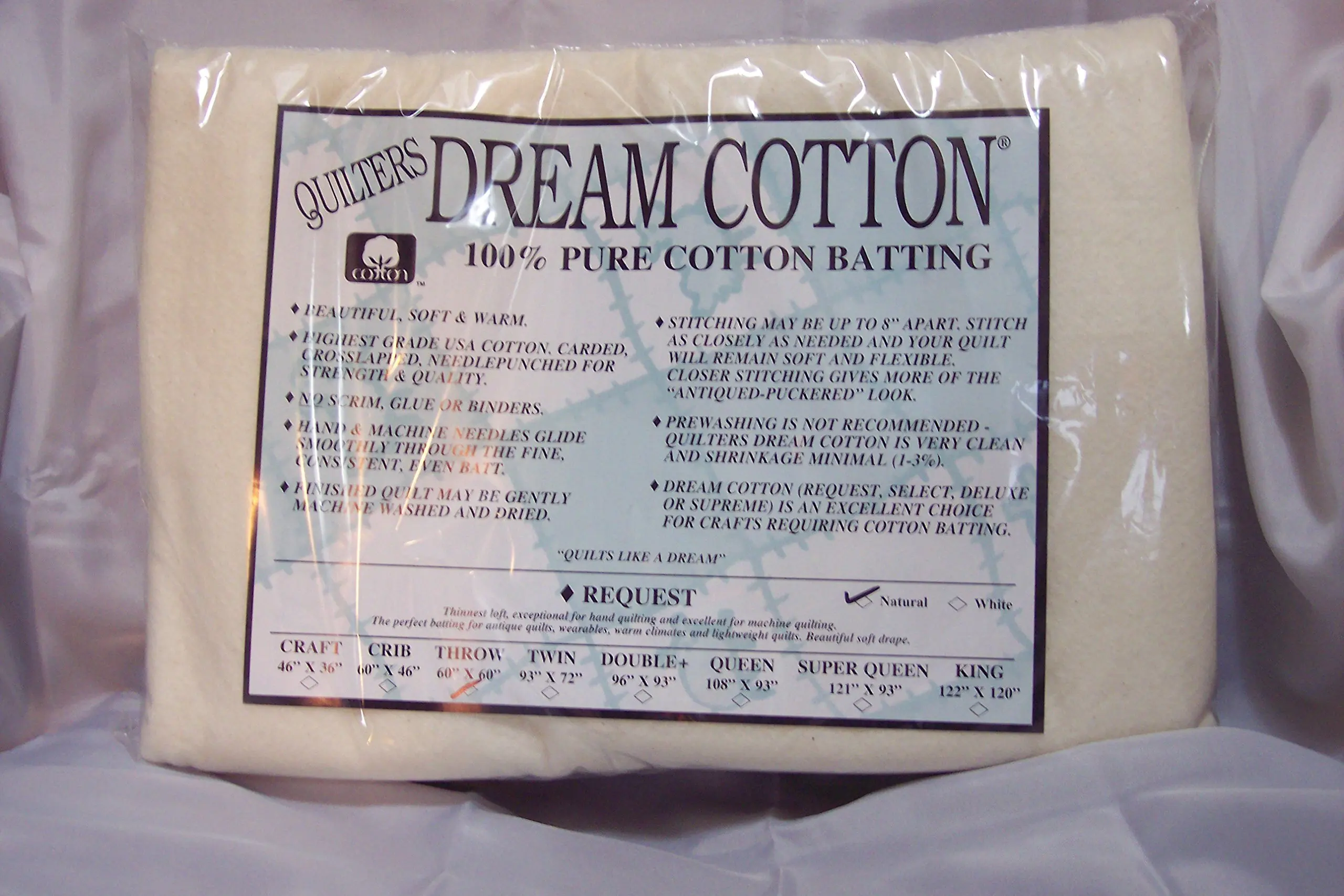 Quilter's Dream Batting- Natural Cotton Request- Thin Loft- Throw