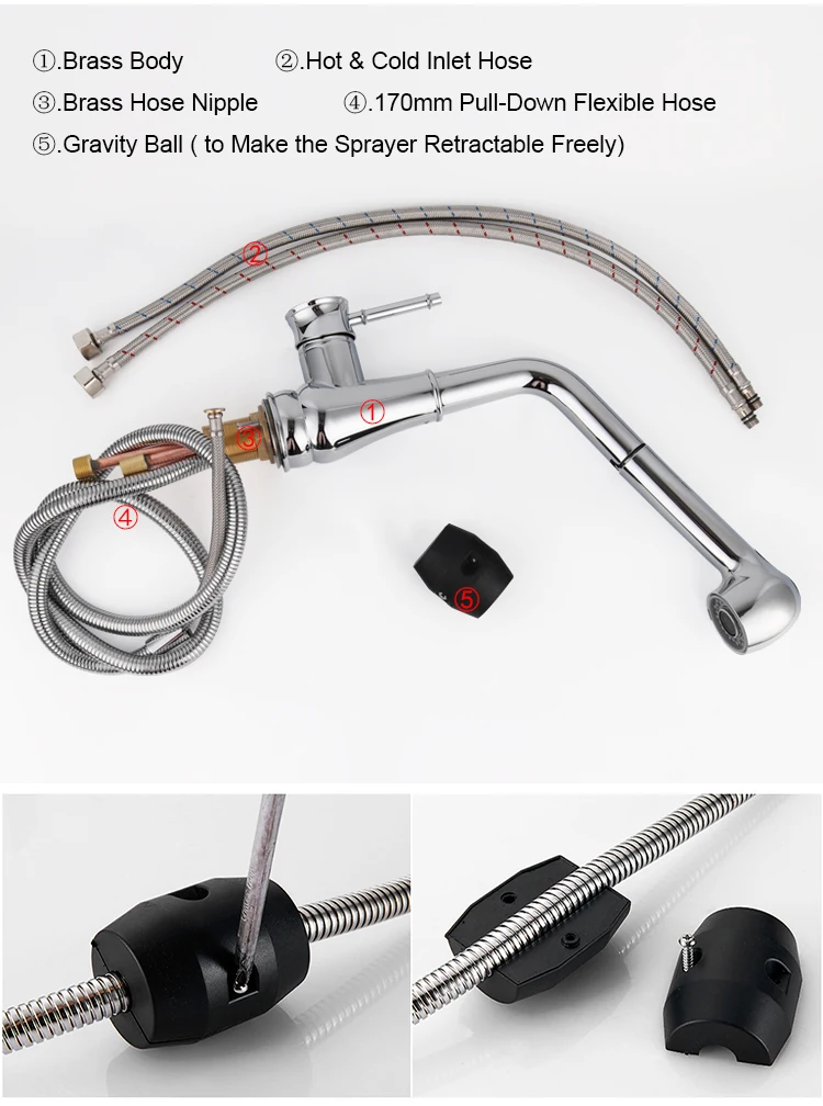 Brass deck mount kitchen bar sink faucet pull down