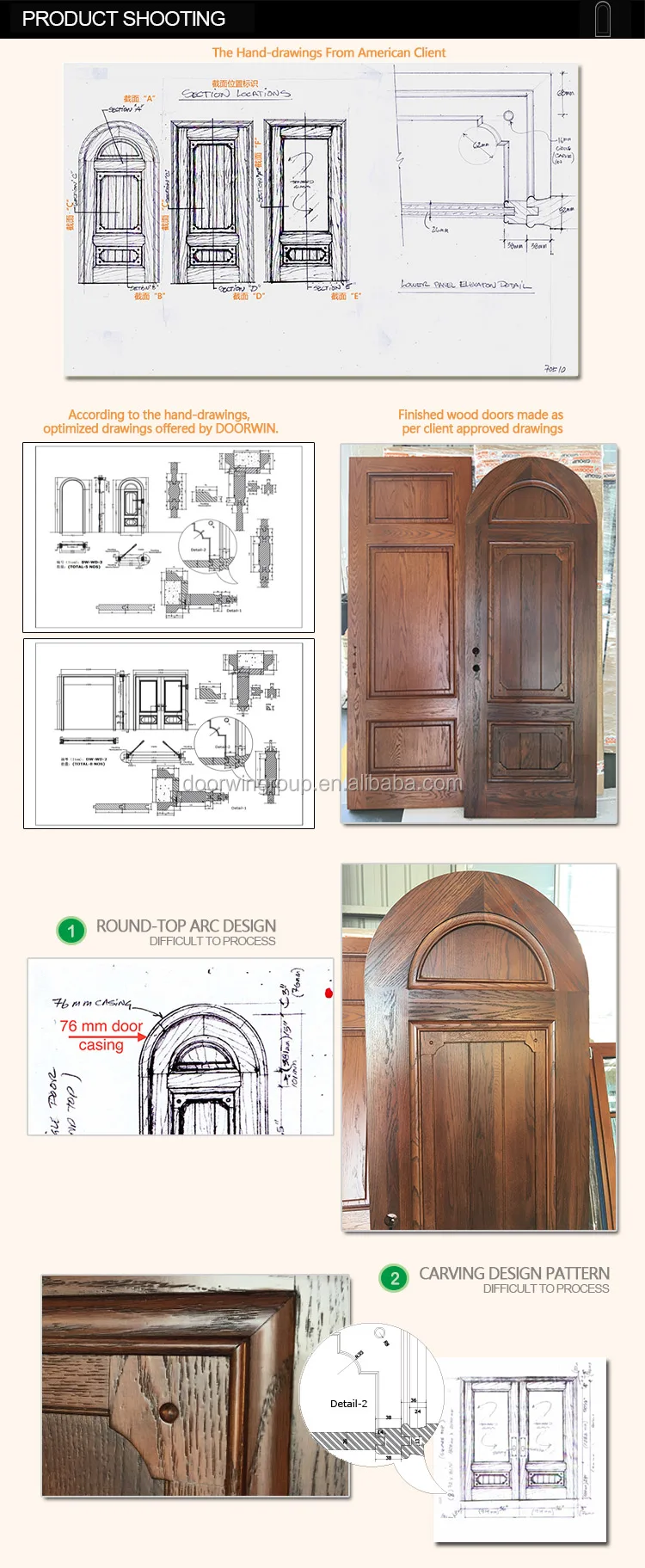 Round Top Design Timber Interior Door Oak Wood Hinged Door