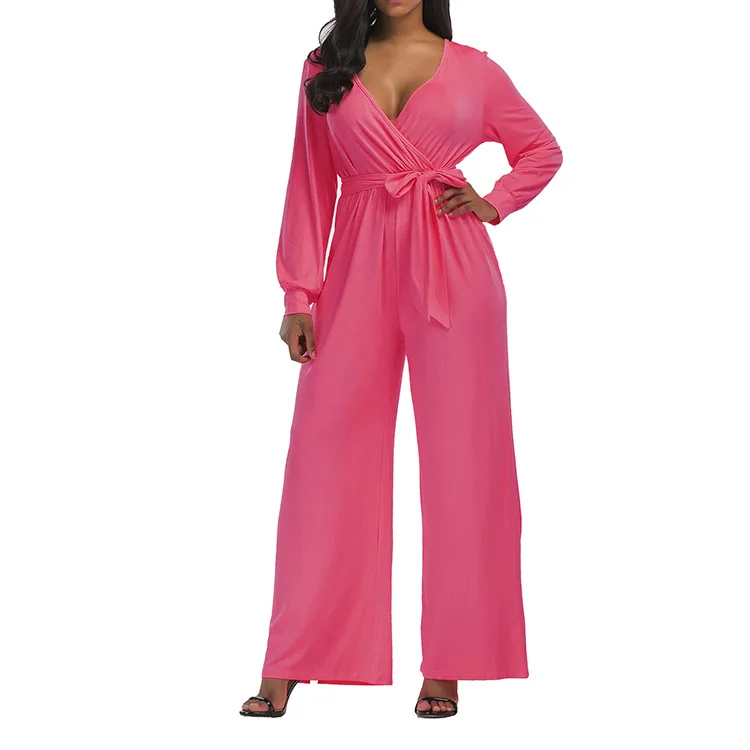 Sample Accepted Deep V Front Wrap Woman Ladies Wide Leg Jumpsuit With Waistband