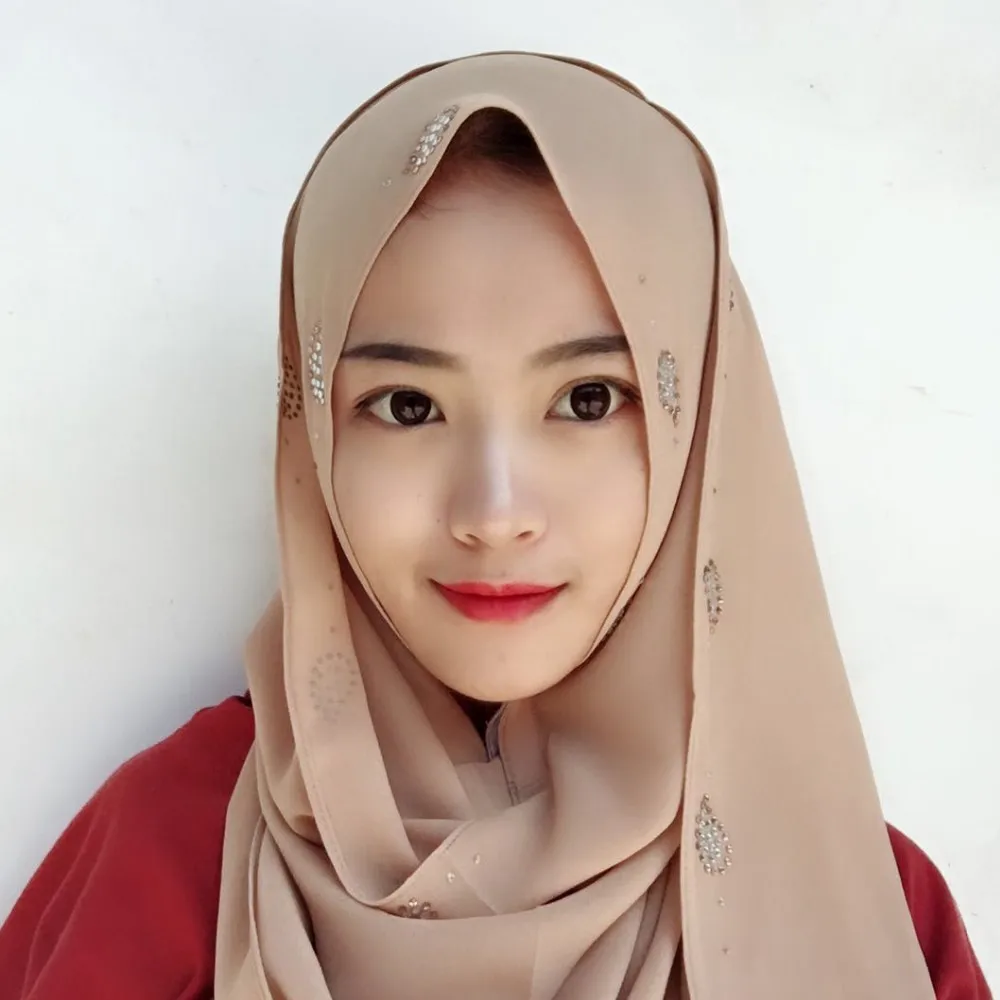 Chiffon Hijab Muslim Rhinestone Pattern Hijab Shawls Full Cover Turban 