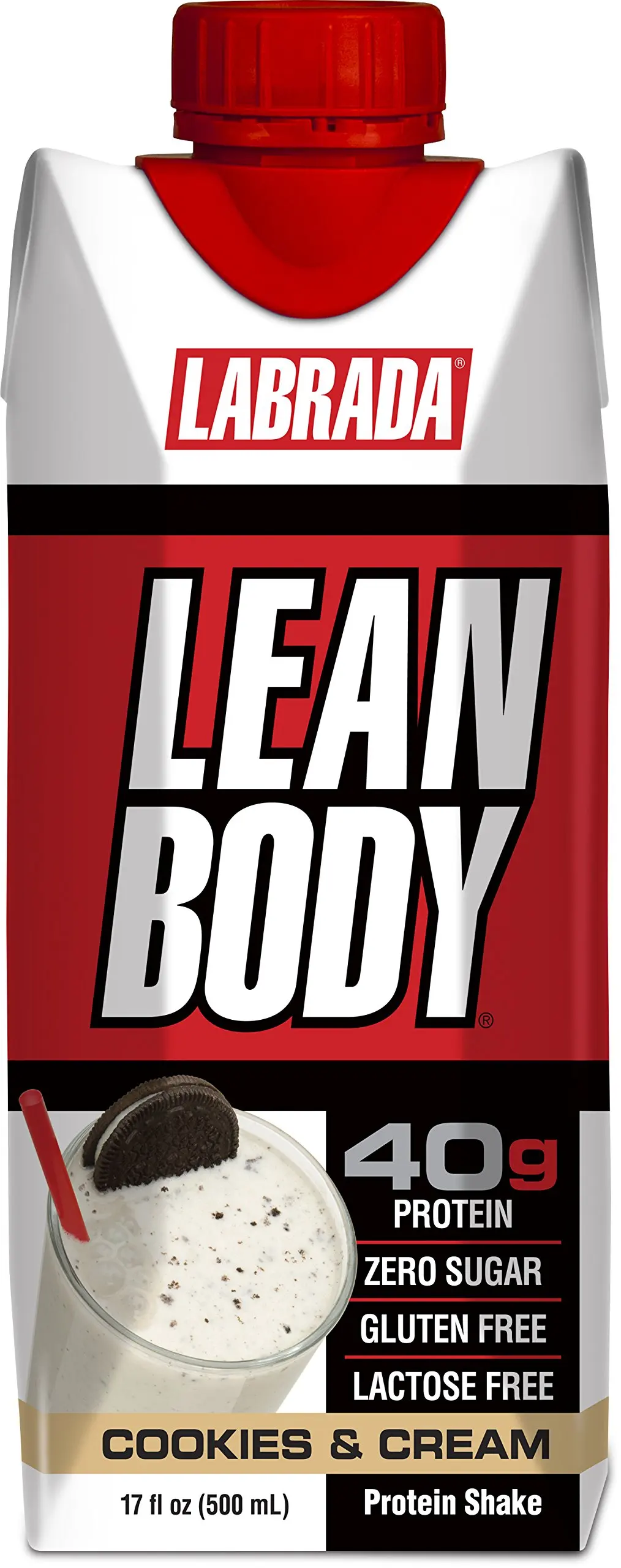 LABRADA - Lean Body Ready To Drink Whey Protein Shake, Convenient On-The-Go Meal Replacement Shake for Men & Women, 40 grams of Protein –Zero Sugar, Lactose & Gluten Free,Cookies and Cream(Pack of 12)