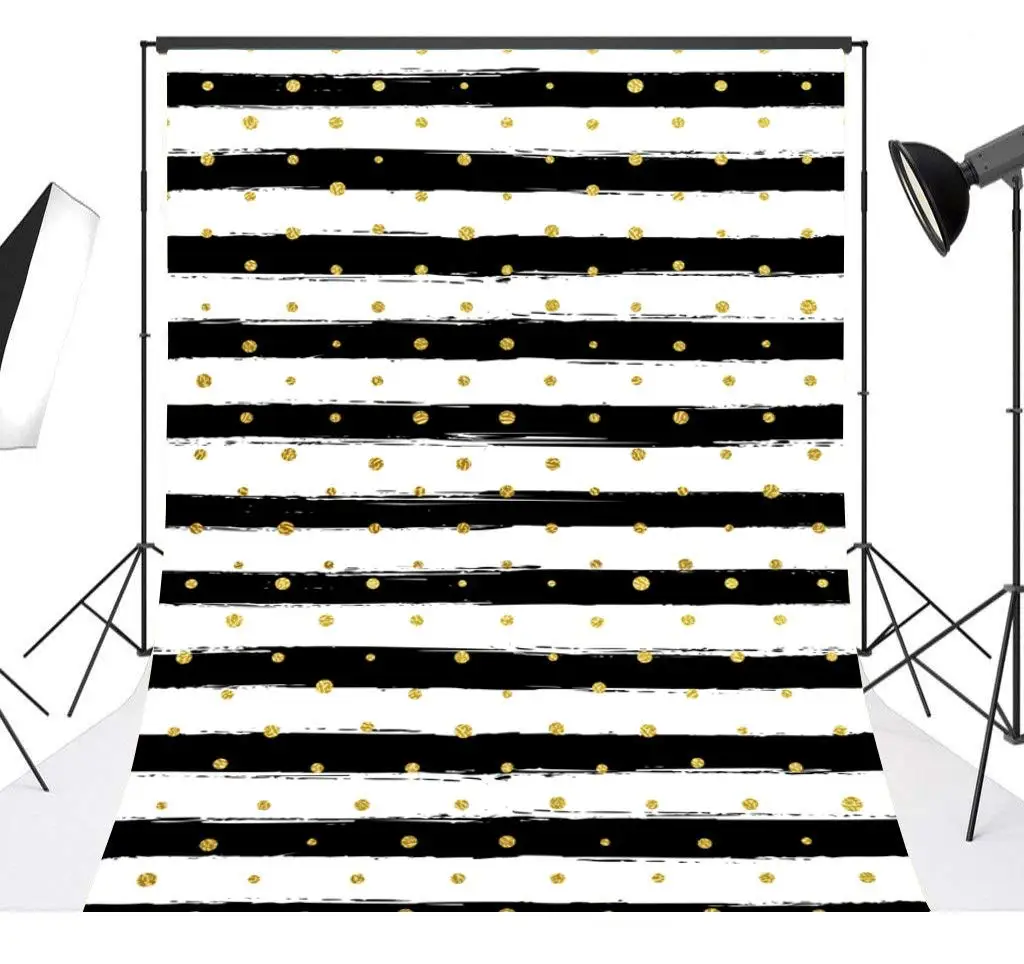 Mehofoto White and Black Stripes Backdrop God Dots Birthday Wedding Background 7x10ft Poly Cotton Birthday Party Decoration Banner Backdrops for Photographer