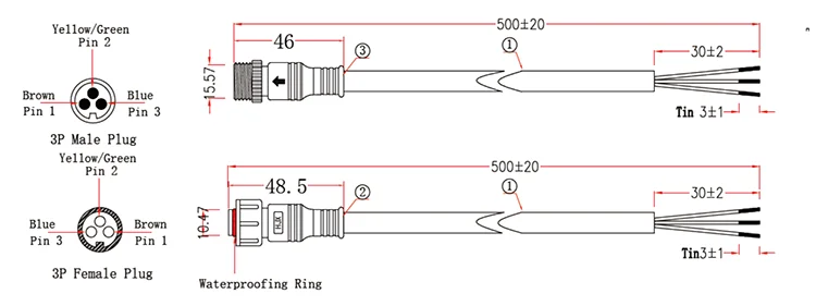 Black IP65 Waterproof 3Pin 18AWG Wire LED Cable Connectors