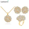 LUOTEEMI Luxury 18K Champagne Yellow Gold Clear Cubic Zircon Crystal Flower Shape Copper Alloy Girls Necklace Earrings Ring Set
