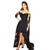 2018 Off Shoulder Cocktail Dresses Lace Black Short Front Long Back Sexy Prom Dress with Sleeve
