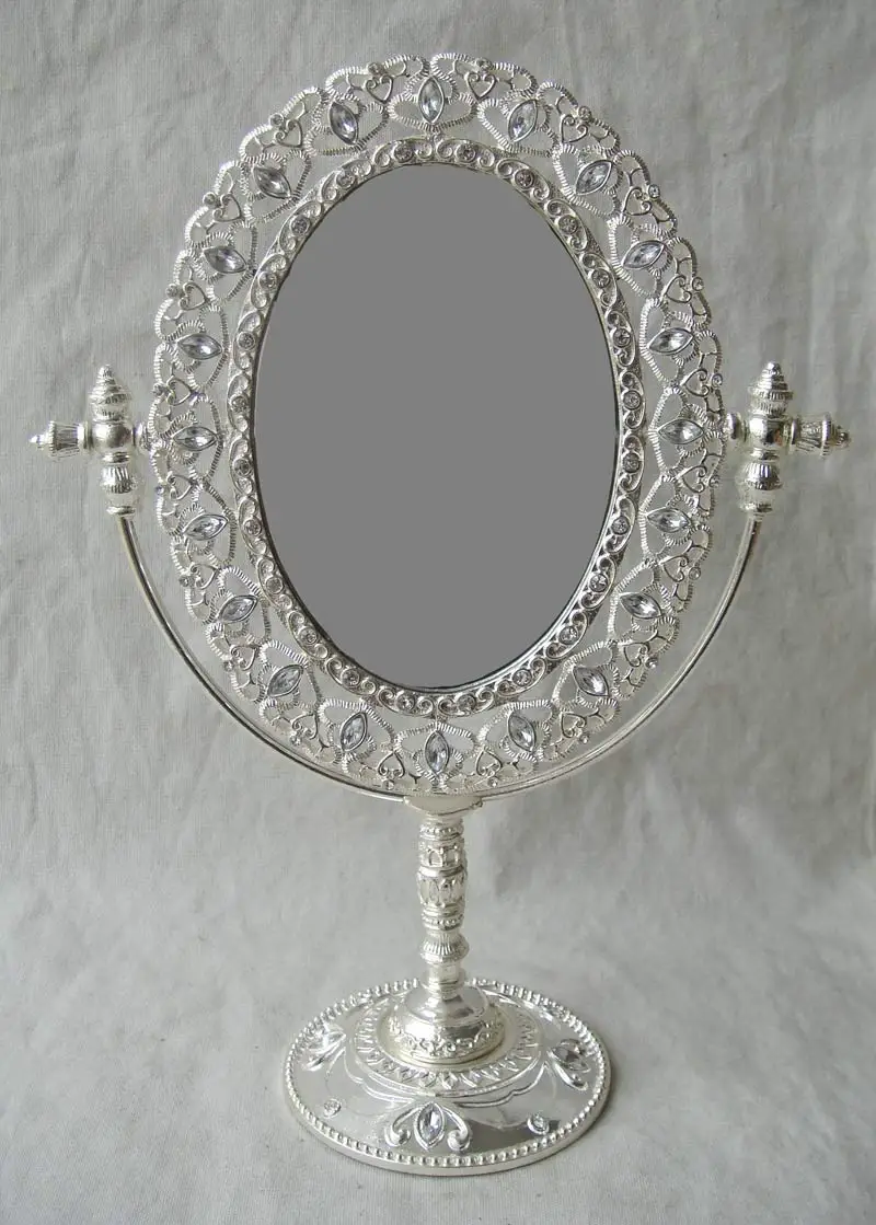 Acrylic Jewelled Oval Silver Plating Tabletop Mirror For Home