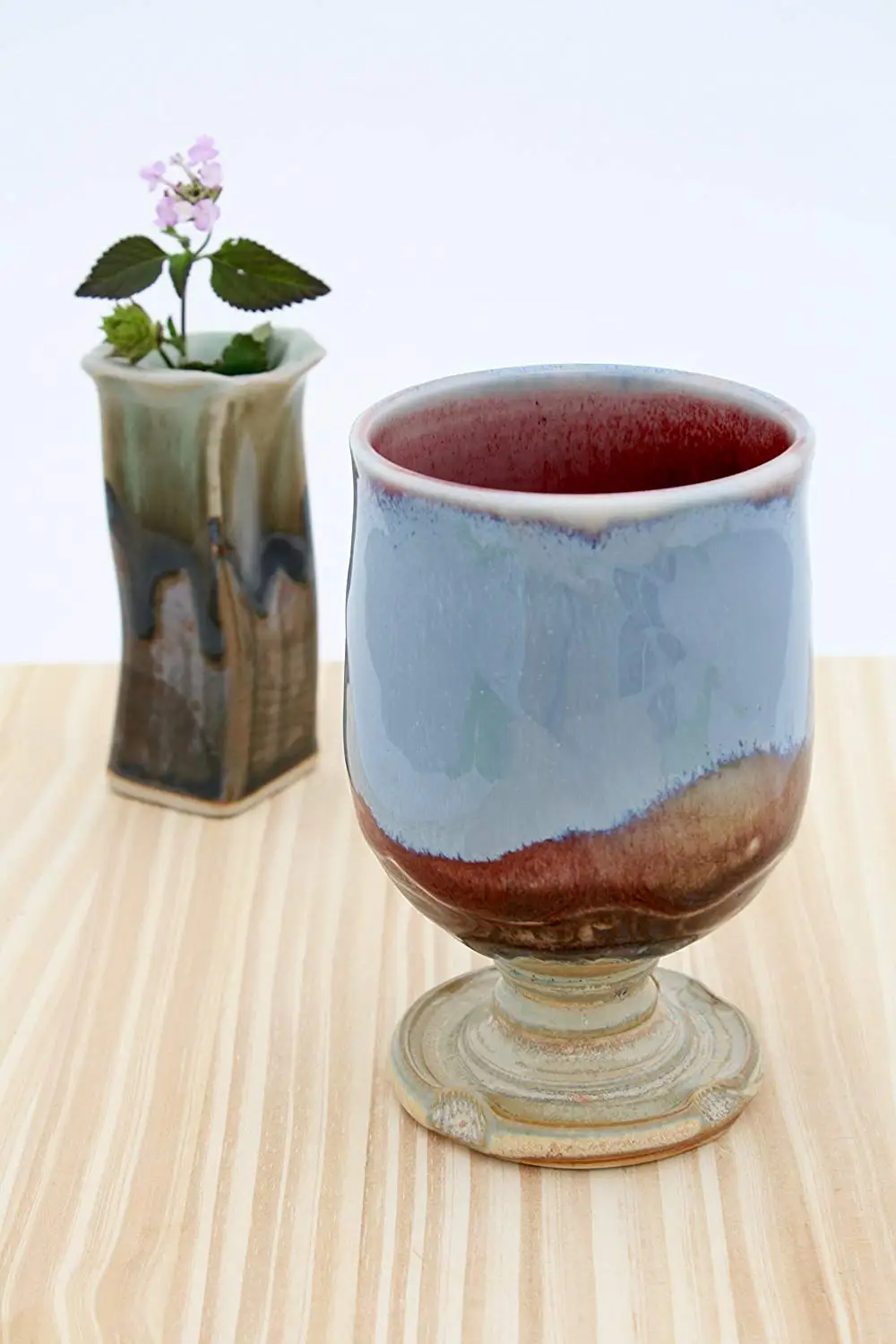 Hand Crafted Red to Crystal Blue Wine Glasses #20, Ceramic Wine Glasses, Ceramic Wine Chalices, Handmade Wine Goblets