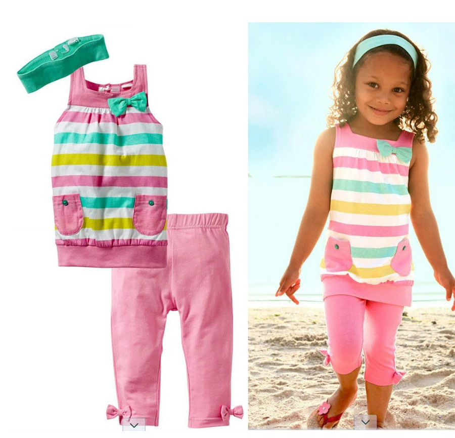 NEW 2016 cotton casual children girls summer clothing set toddler suits tank with pants and headband