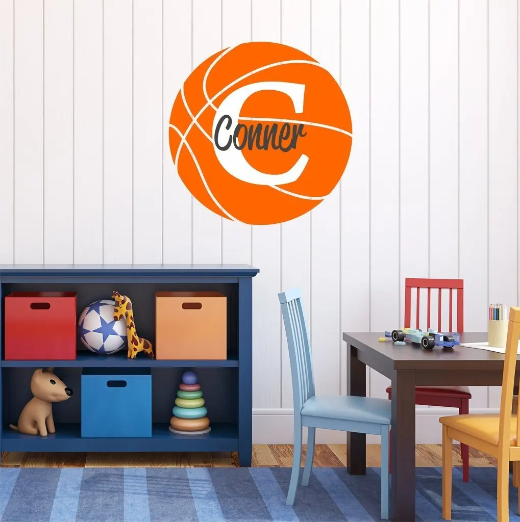 Nursery Wall Decals Basketball Name and Initial Personalized Name Wall Decal 14" by 14", Boys or Girls Nursery Sports Decals, Basketball Wall Decals, Sports Wall Stickers, PLUS FREE HELLO DOOR DECAL