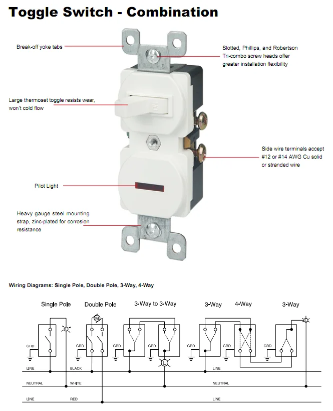 Standard Combination Device 120v Single Pole Pc Pilot Light Toggle Wall ...