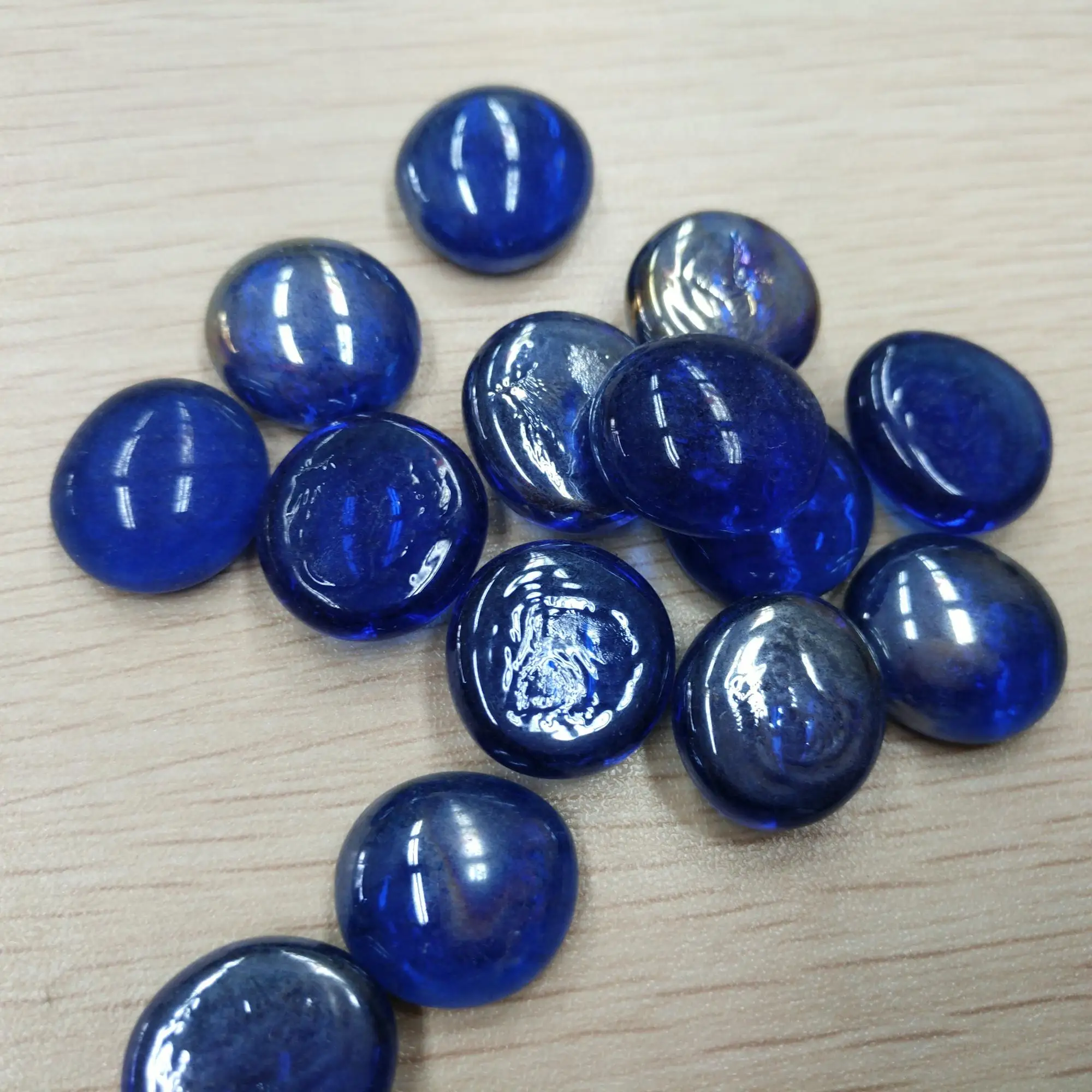 Blue Color Round Shape Glass Pebbles Oblate Style Stone For Home