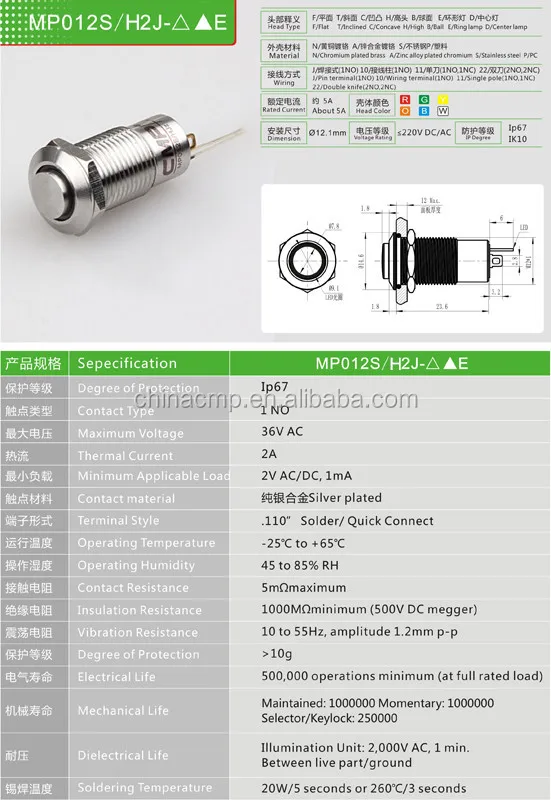 Mounting diameter 12mm stainless steel waterproof novelty push button ip67
