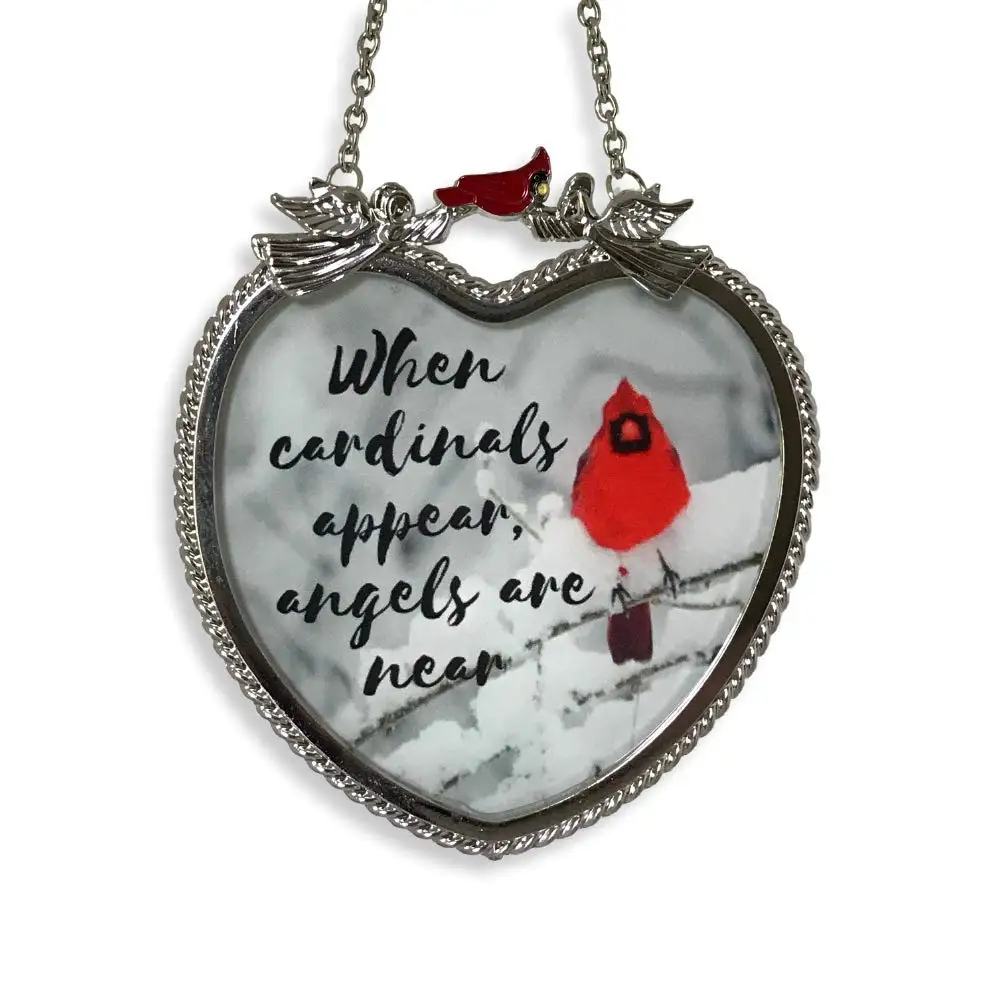 BANBERRY DESIGNS Memorial Cardinal Suncatcher - When Cardinals Appear Angels are Near Saying - Heart Shaped Glass Sun Catcher with Cardinals and Winter Scene