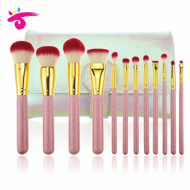 12 Pcs Glitter Bling Pink Handle Makeup Brush Kit With Glow Bag - Buy ...