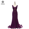2019 Purple Tulle Pearls Bead Sexy V-neck Backless Elegant Formal Lace Evening Gown For Women Dress Party