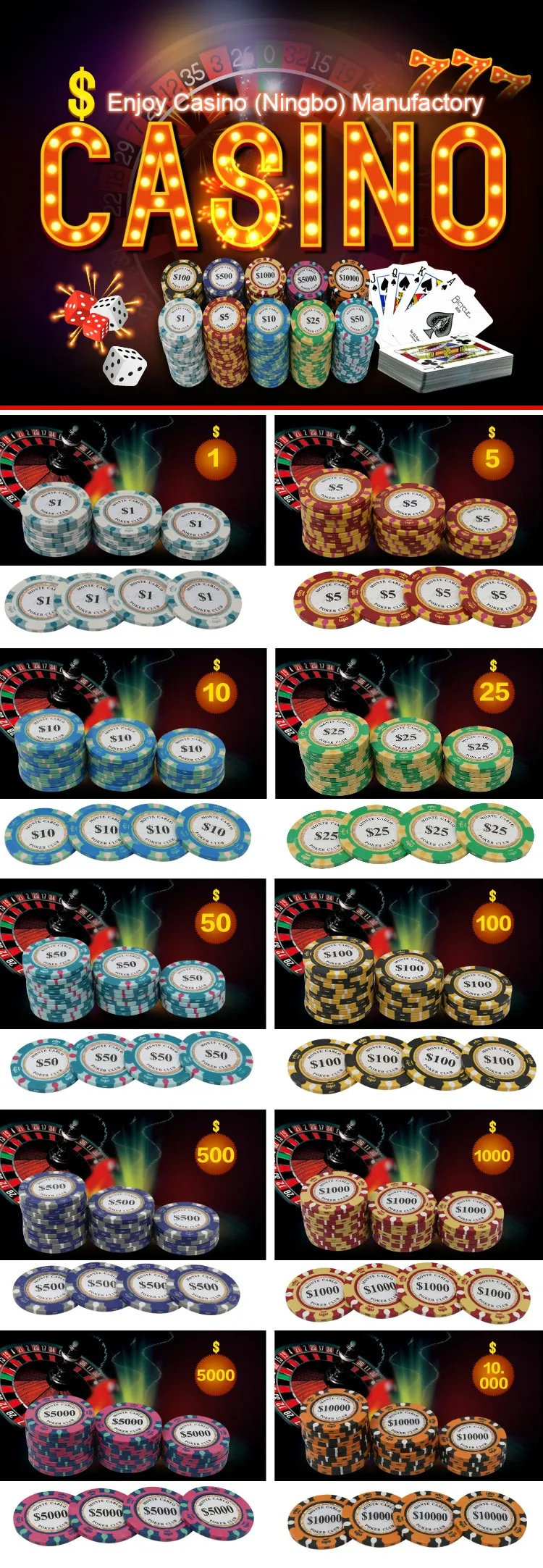 14g Custom Cheap 3 Color Crown Monte Carlo Real Clay Poker Chips With