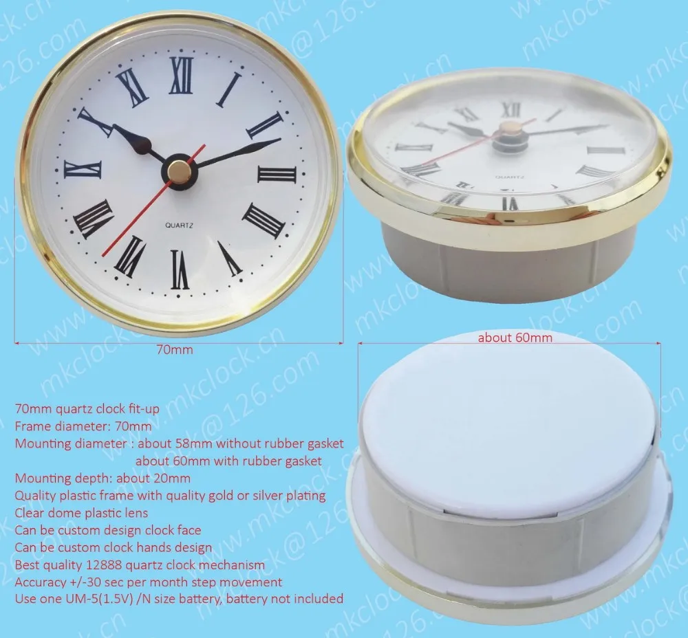 70mm high quality gold plating plastic quartz clock insert clock fit-up ...