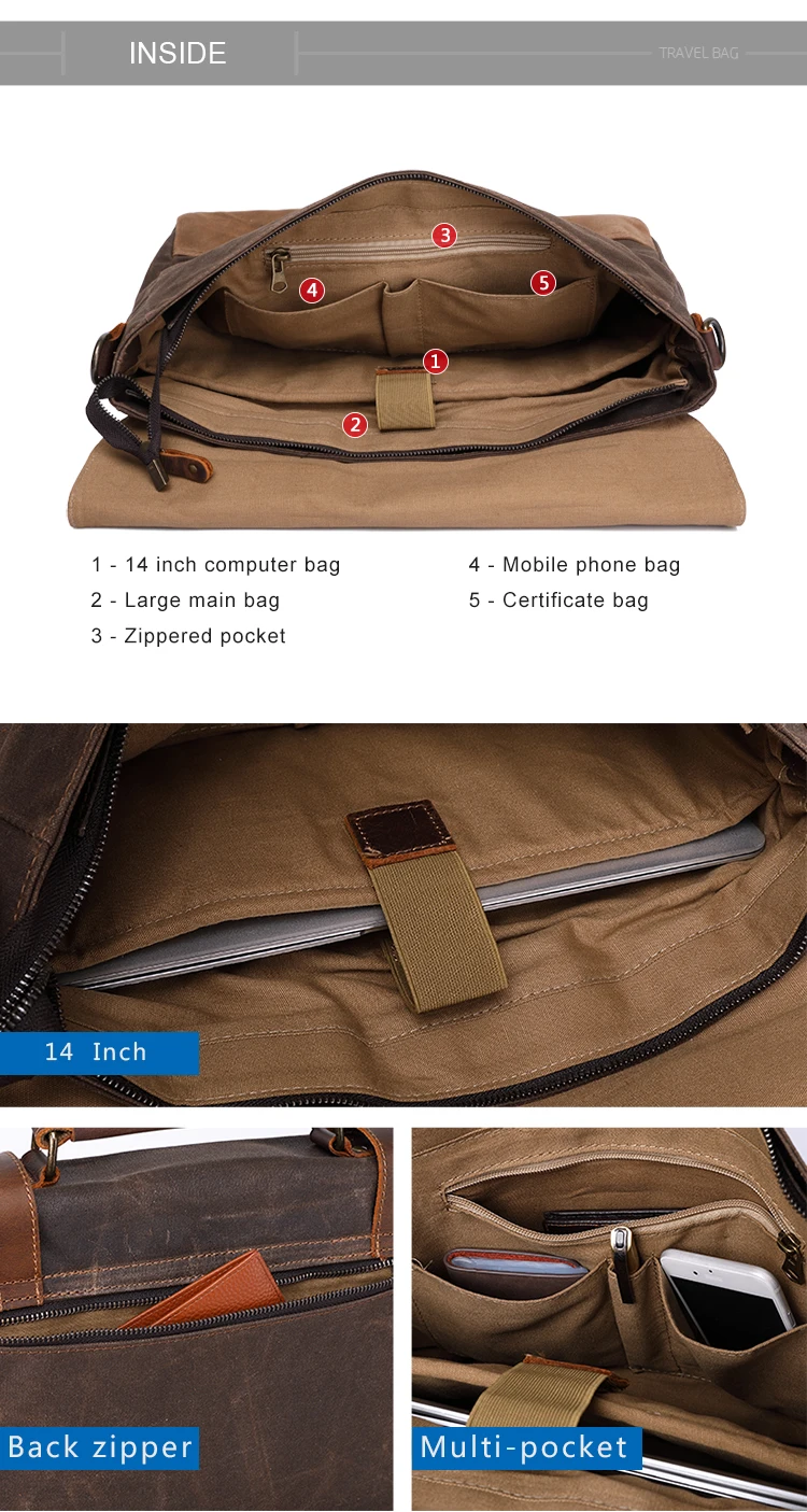 Retro classic design vintage brand style waxed canvas water-resistant men's satchel book messenger bag for men