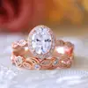 Romantic 14K Gold Oval Cut Clear 1.0ct CZ Diamond Frame Vintage Style Bridal Set Rings