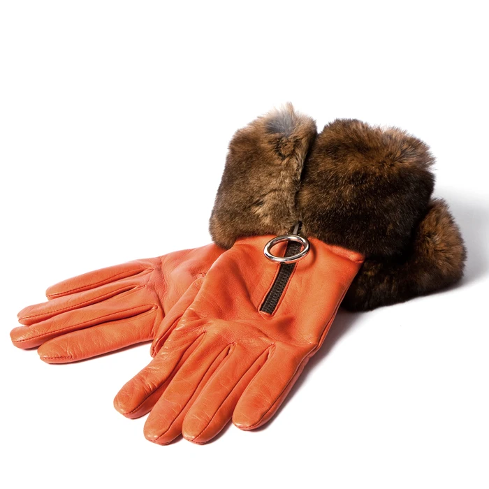Orange Fur leather gloves make women has queen style