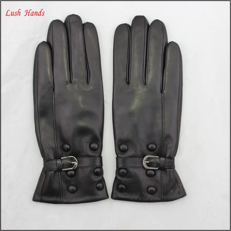 Wholesale women leather gloves with buttons and belt