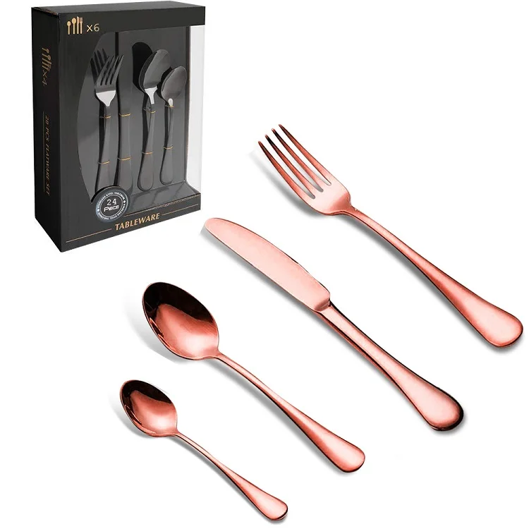 Amazon Hot Sell 24pcs Rose Gold Stainless Steel Cutlery Set Service For