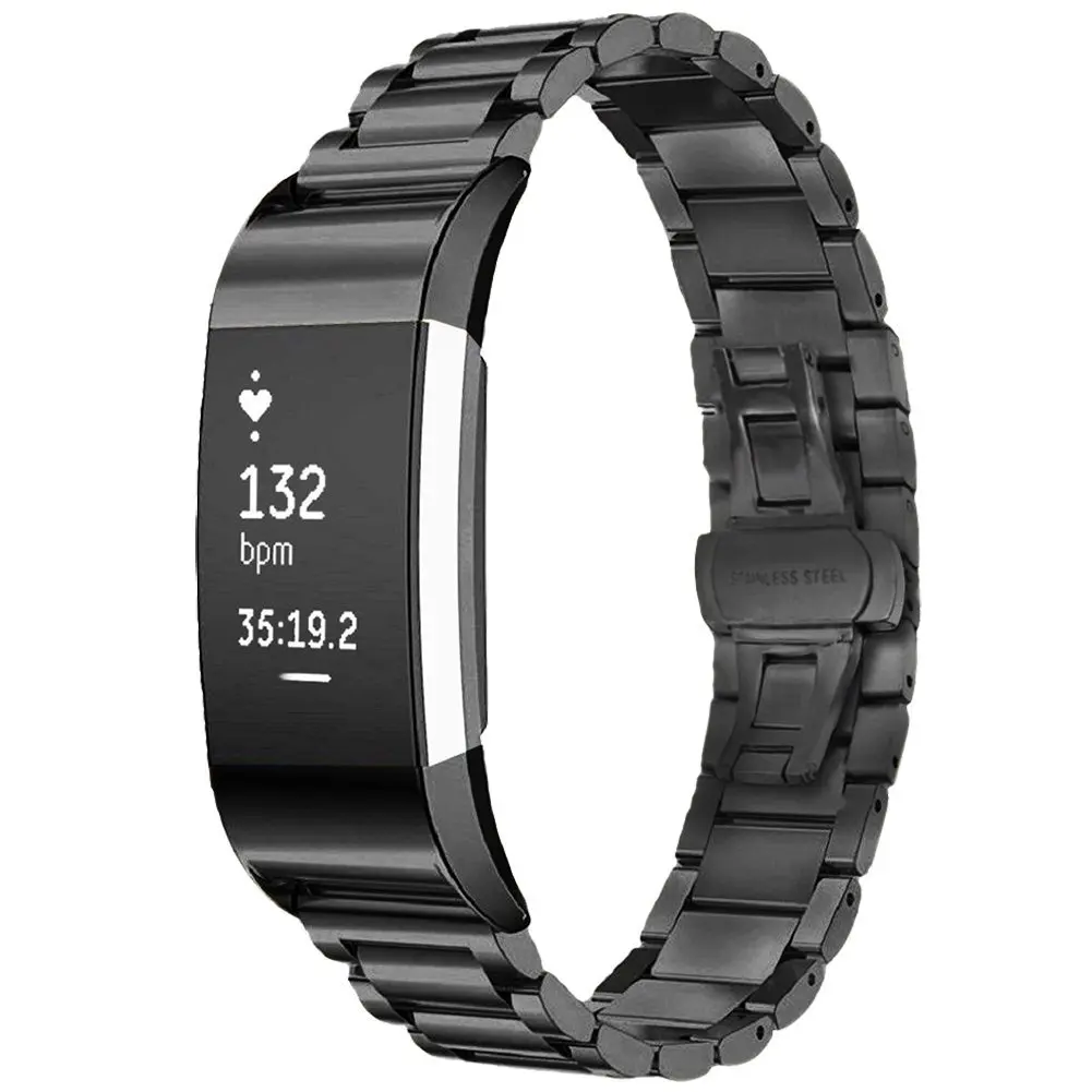 TOOGOO(R) Stainless Steel Replacement Smart Watch Band with Double Button Folding Clasp for Fitbit Charge 2 (Black)