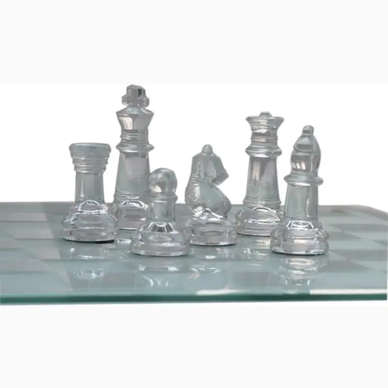 Glass Chess Set 10 inch square Black and White Board Clear & Frosted Pieces NEW 