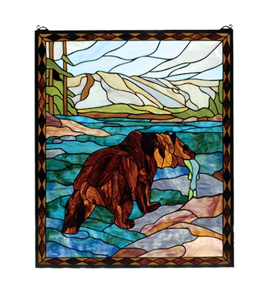 Meyda Hand Crafted Designed Art Decorative Panel 25"W X 30"H Grizzly Bear Stained Glass Window