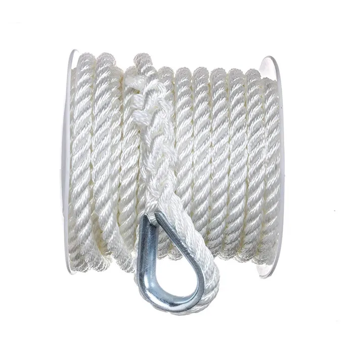 3 strand twisted white nylon material anchor rope with stainless steel thimble for ship