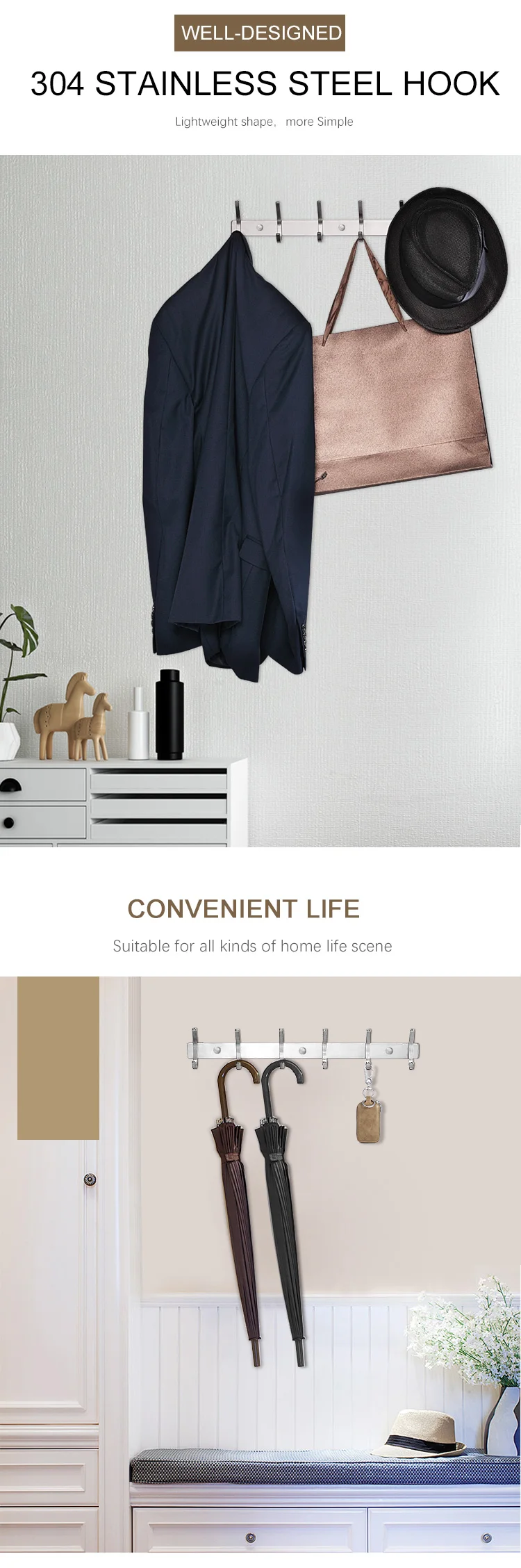 304 Stainless Steel Clothes Hook Rack Wall Coat Hook Rack Decorative