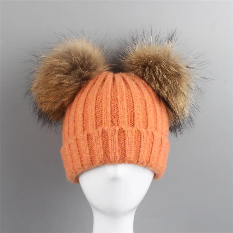 Fox Raccoon fur Ball / Pom Poms Winter Hat for children's Wool Hat Knitted Cotton Beanies hat