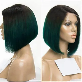 Light Green Ombre Lace Front Wig Remy 100 Human Hair Short Bob Wig