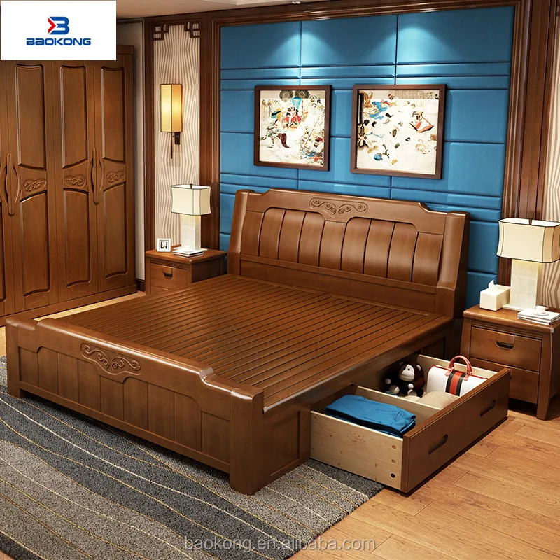 Solid Wood Bed With Drawers Wooden Double