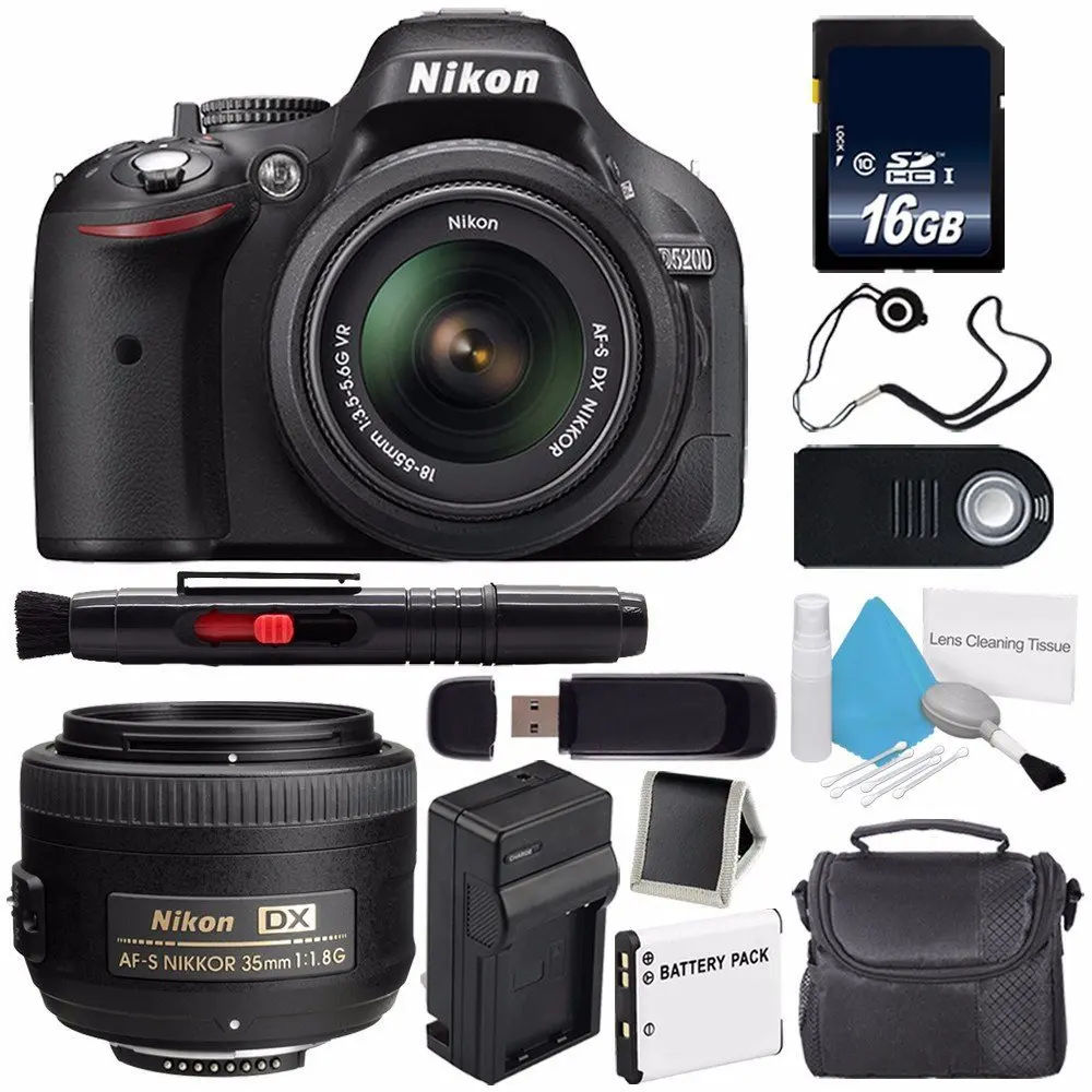 Nikon D5200 Digital Camera w/ 18-55 VR II Lens (International Model) + Nikon AF-S DX NIKKOR 35mm f/1.8G Lens + 16GB SDHC Class 10 Memory Card + SD Card USB Reader Bundle 67